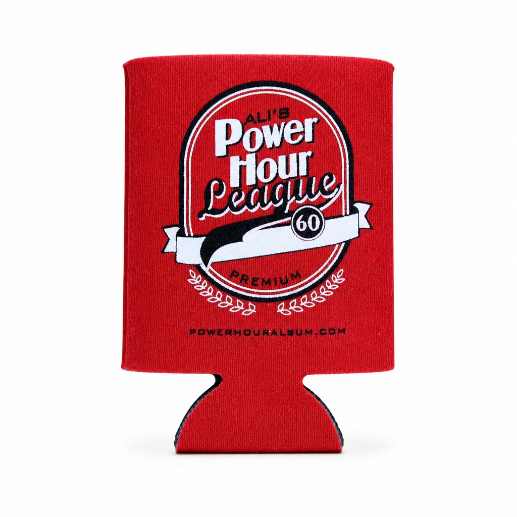 Outrageous Art red foam koozie featuring a Power Hour League logo for standard cans and bottles.