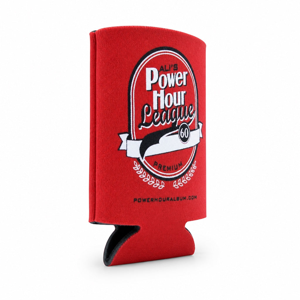 Outrageous Art red foam koozie featuring a Power Hour League graphic for standard cans and bottles.