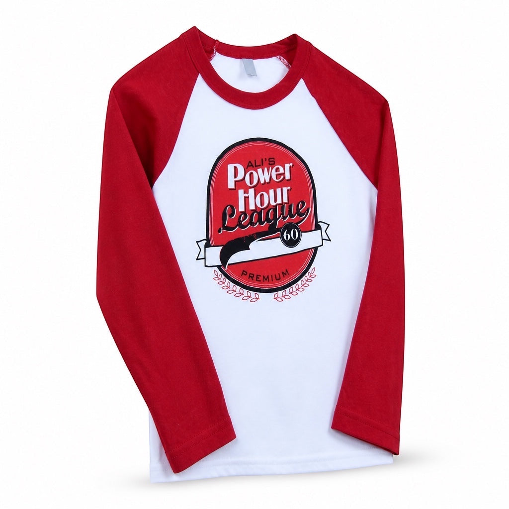 Outrageous Art Power Hour baseball tee with red raglan sleeves, white body, and Ali's Power Hour League graphic print.