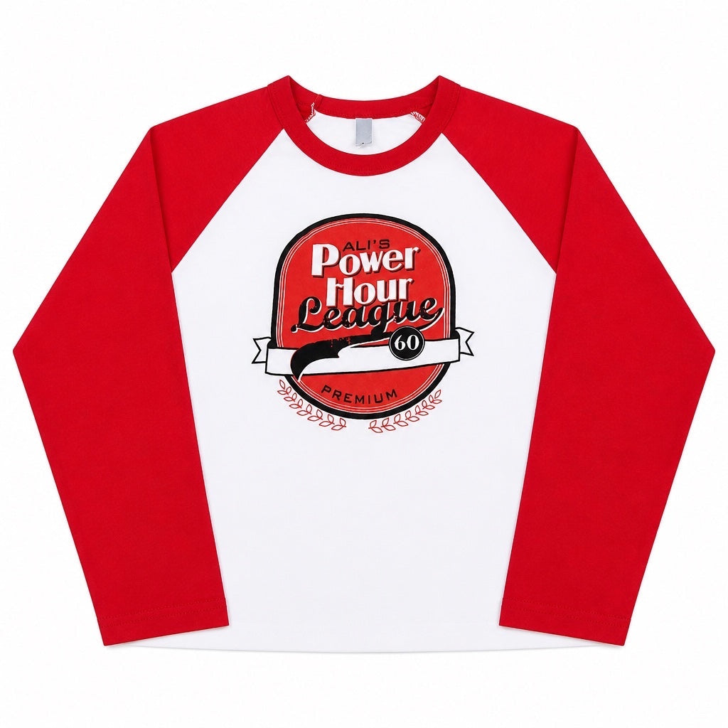 Outrageous Art Power Hour baseball tee with red raglan sleeves, white body, and Ali's Power Hour League graphic print.