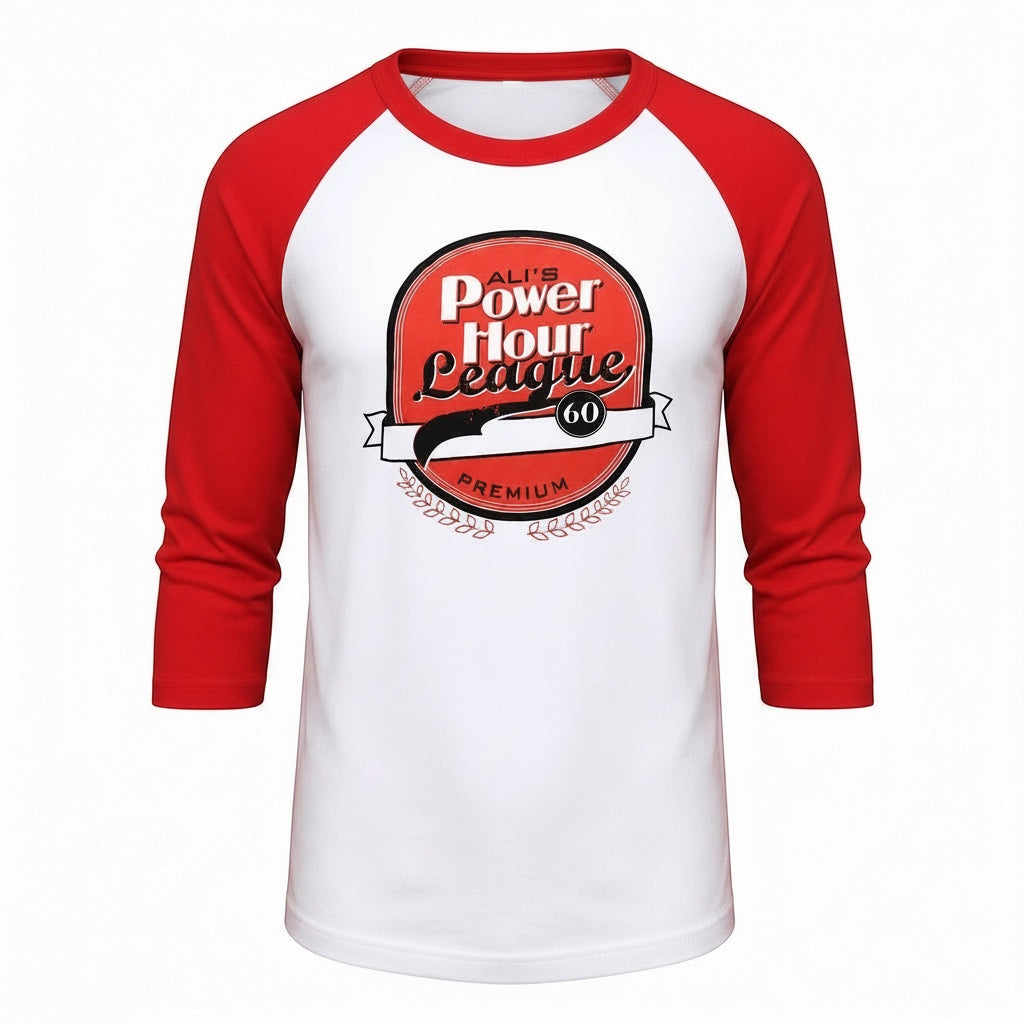 Outrageous Art Power Hour baseball tee with red raglan sleeves, white body, and Ali's Power Hour League graphic print.