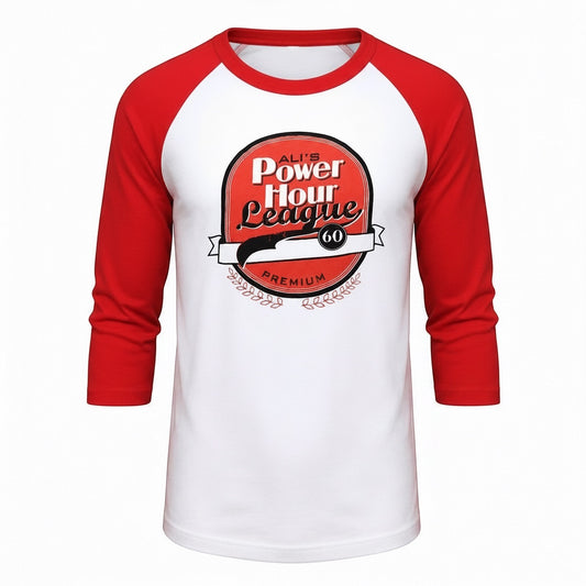 Outrageous Art Power Hour baseball tee with red raglan sleeves, white body, and Ali's Power Hour League graphic print.