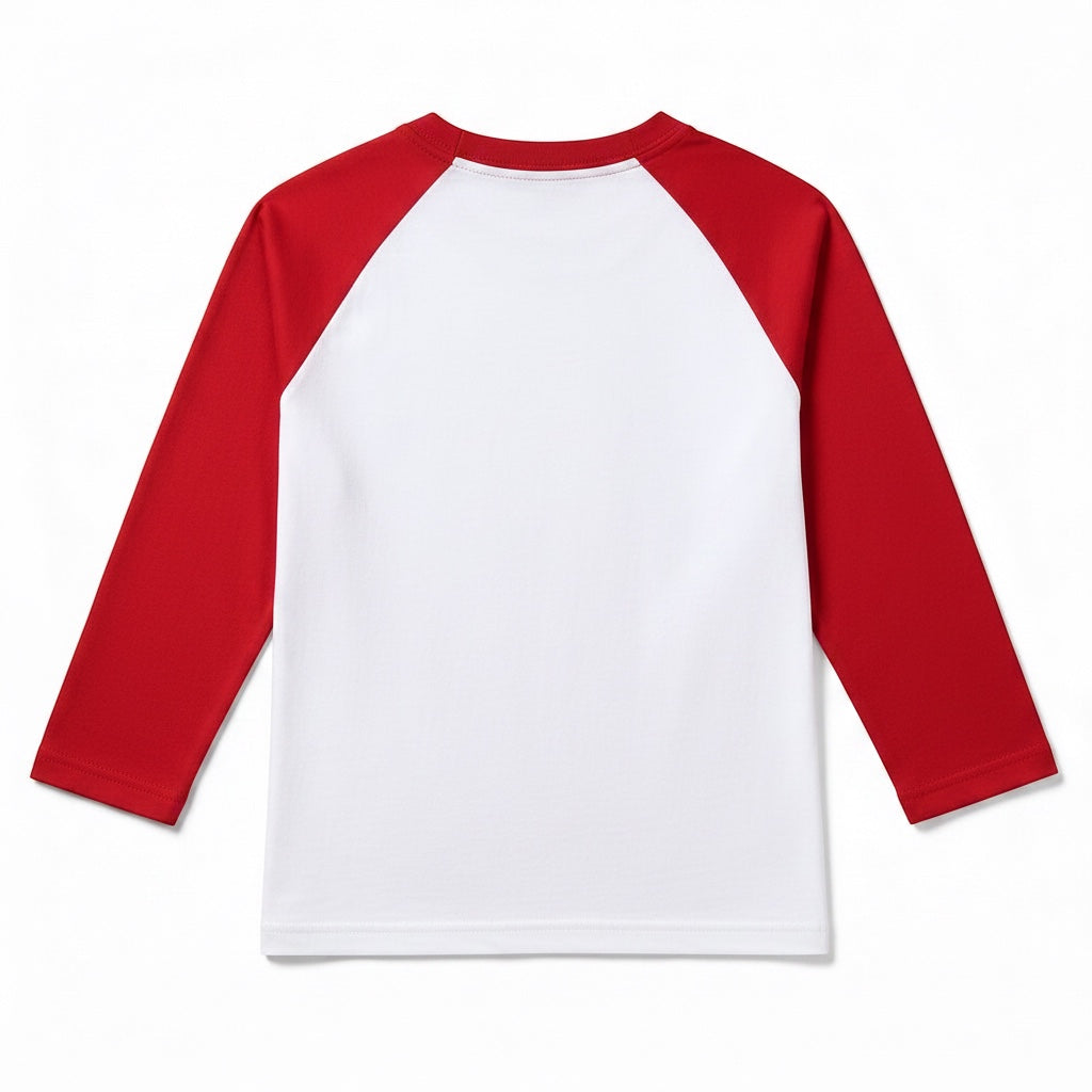 Outrageous Art Power Hour baseball tee with red raglan sleeves and a plain white back view