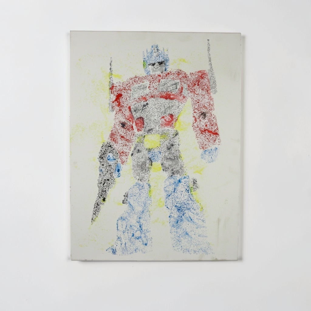 Outrageous Art stippled canvas wall art featuring a red, blue, and yellow robot warrior in a pointillism style.