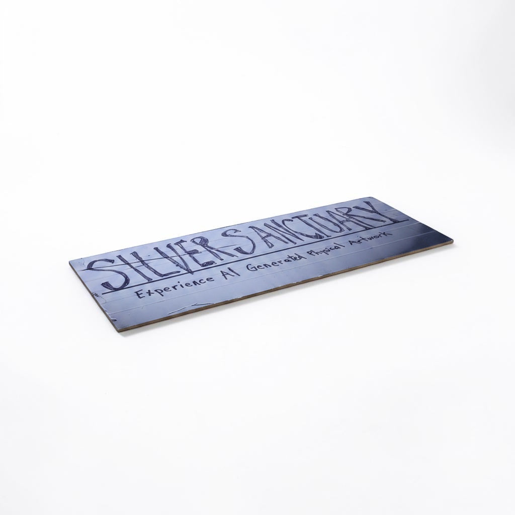 Outrageous Art Silver Sanctuary metallic wall sign with bold typography and AI-generated art design on a white background