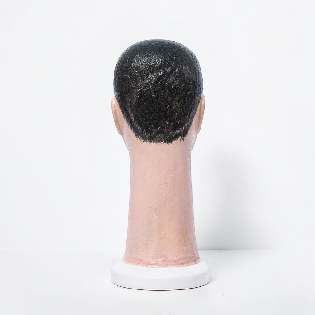 Outrageous Art Skibidi Toilet sculpture, a life-sized human head with black hair on a white base, back view.