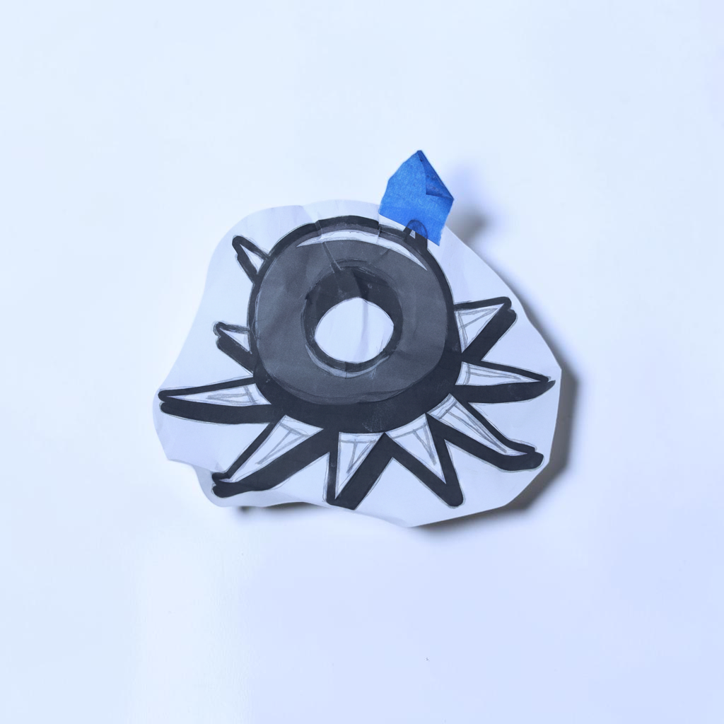 Outrageous Art hand-drawn black and white spiked circular illustration on crumpled paper with a blue tape tab.