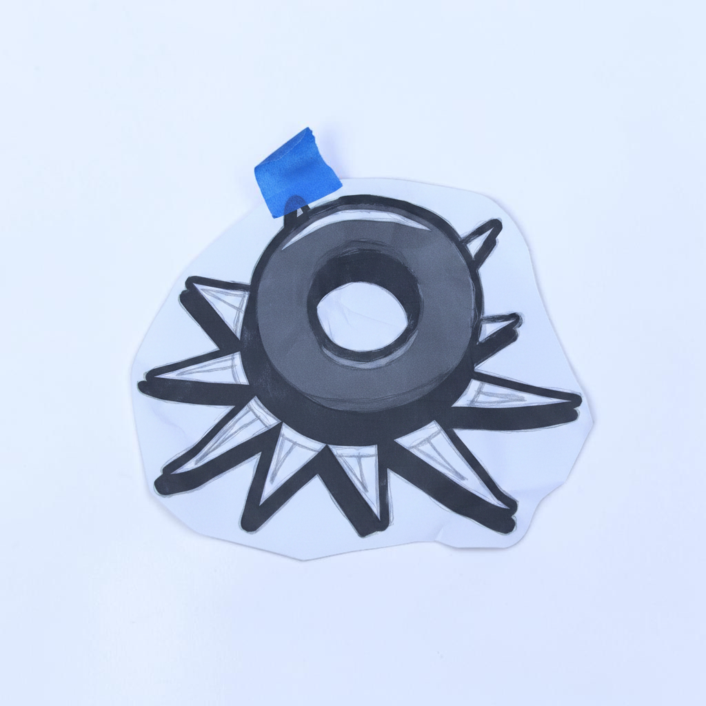 Outrageous Art hand-drawn black and white spiked circular illustration on paper with blue tape on a white background