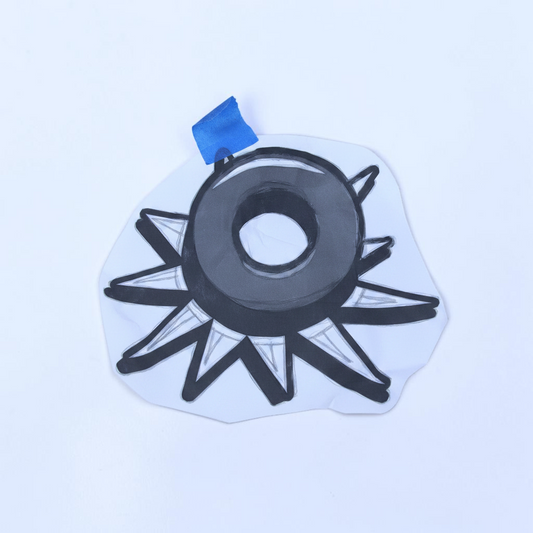 Outrageous Art hand-drawn black and white spiked circular illustration on paper with blue tape on a white background