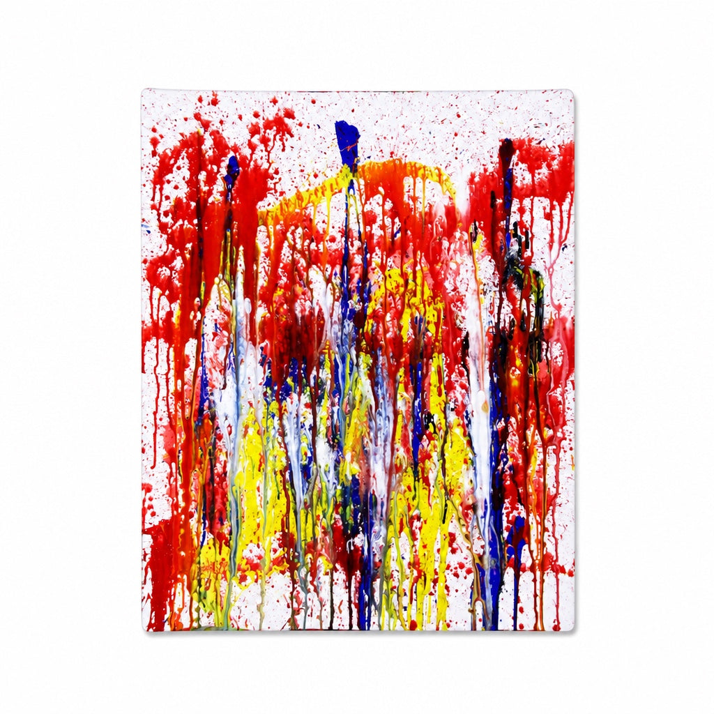 Outrageous Art squirt gun painting practice featuring vibrant red, yellow, and blue paint drips on a white canvas.