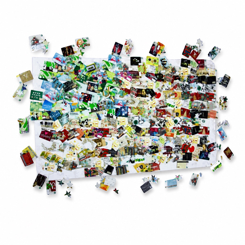 Outrageous Art American flag wall decor made from 300 colorful Starbucks gift cards with a textured mosaic design.