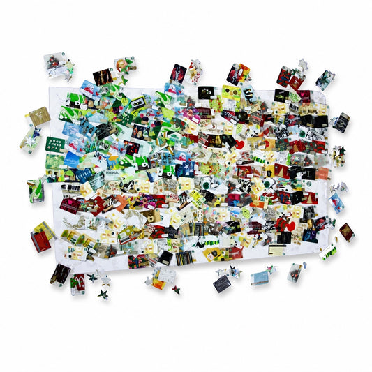 Outrageous Art American flag wall decor made from 300 colorful Starbucks gift cards with a textured mosaic design.