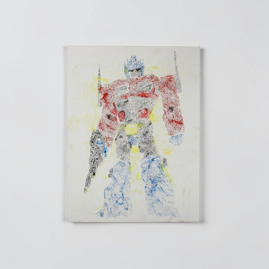 Outrageous Art stippled canvas print of a robot warrior in red, blue, and yellow pointillism style on white background.