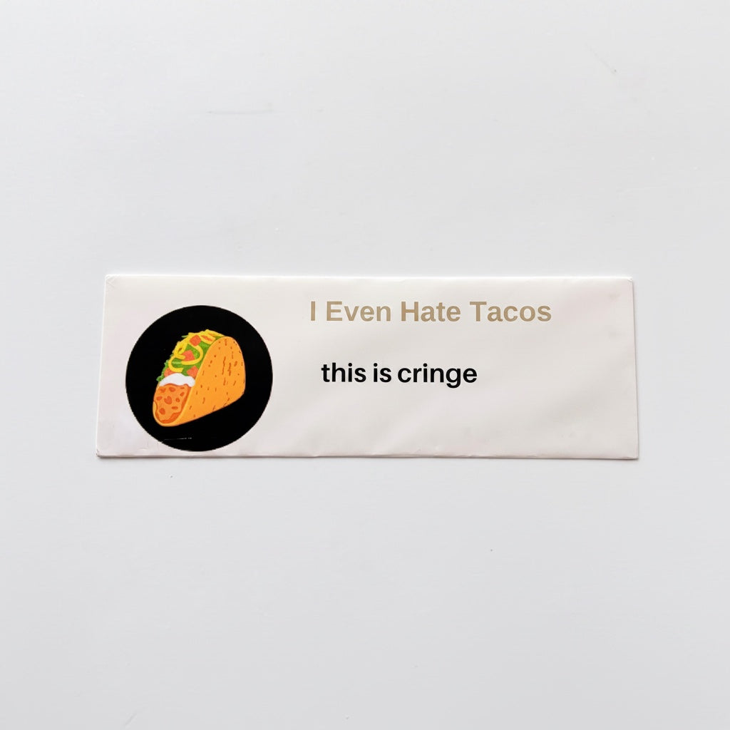 Outrageous Art prop comment featuring a taco graphic and the text I Even Hate Tacos this is cringe on white paper