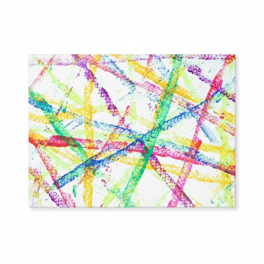 Outrageous Art Unicycle Painting featuring colorful intersecting tire tread patterns on a white canvas background.
