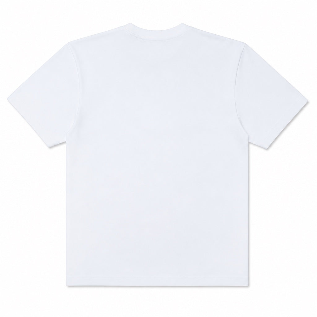 Outrageous Art Power Hour League white cotton blend t-shirt, back view of a plain crew neck tee.