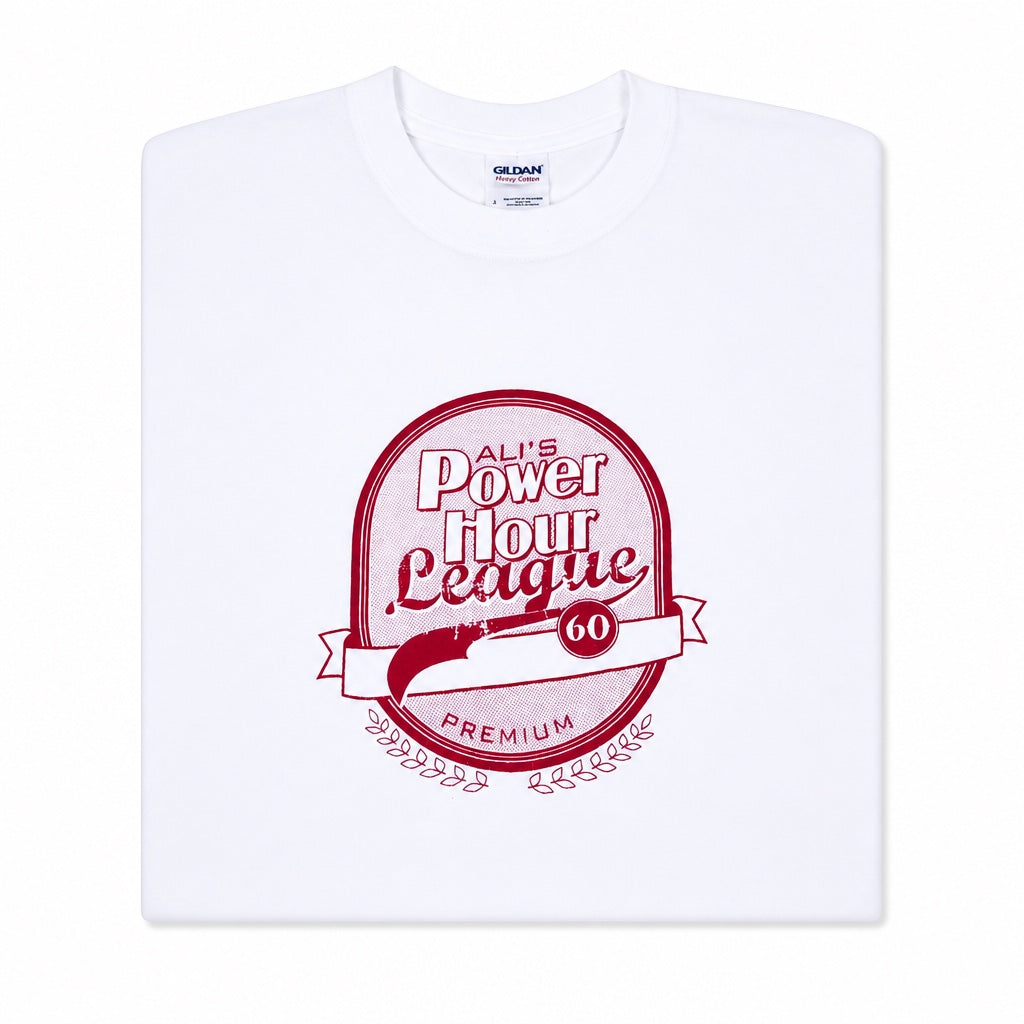 Outrageous Art white cotton blend t-shirt featuring a red Power Hour League logo graphic on the chest.