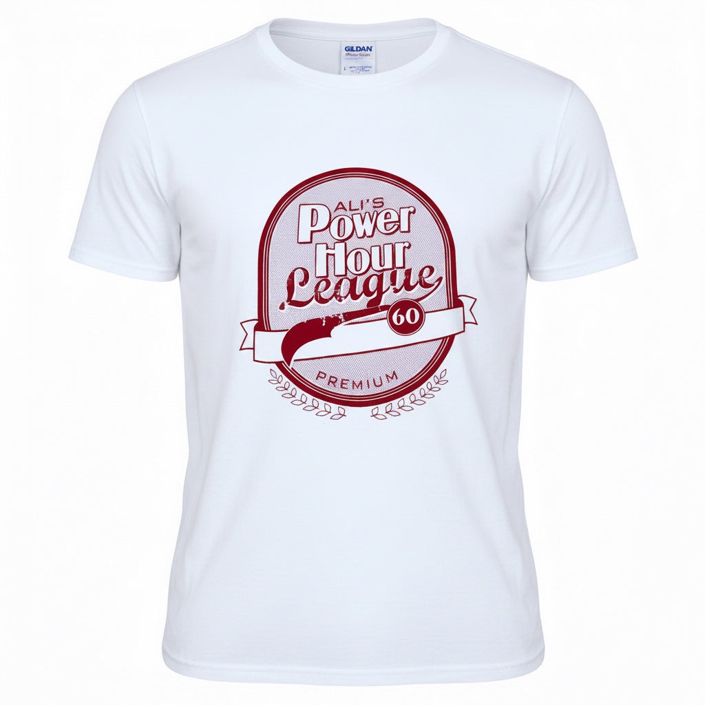 Outrageous Art white cotton blend t-shirt featuring a maroon Power Hour League logo graphic on the chest.