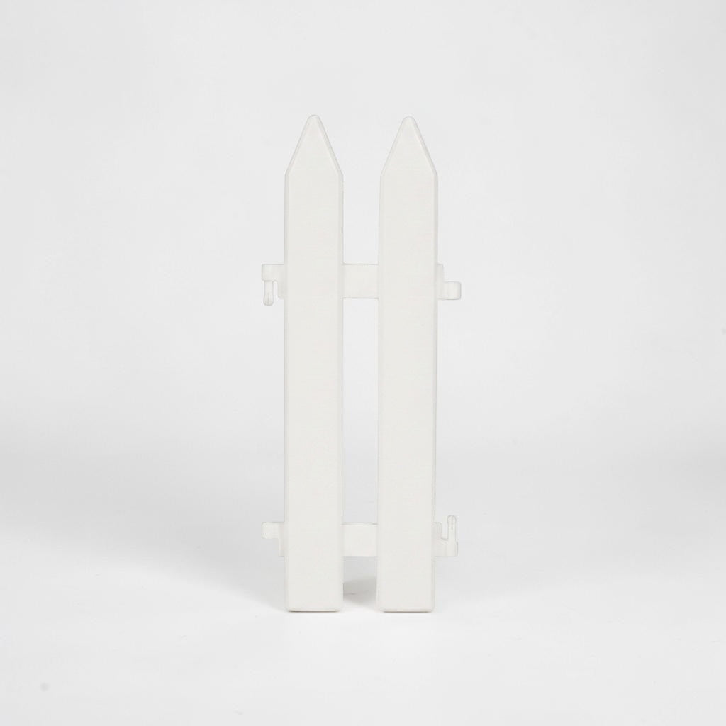 Outrageous Art white plastic picket fence piece with pointed finials for miniature gardens and holiday dioramas.