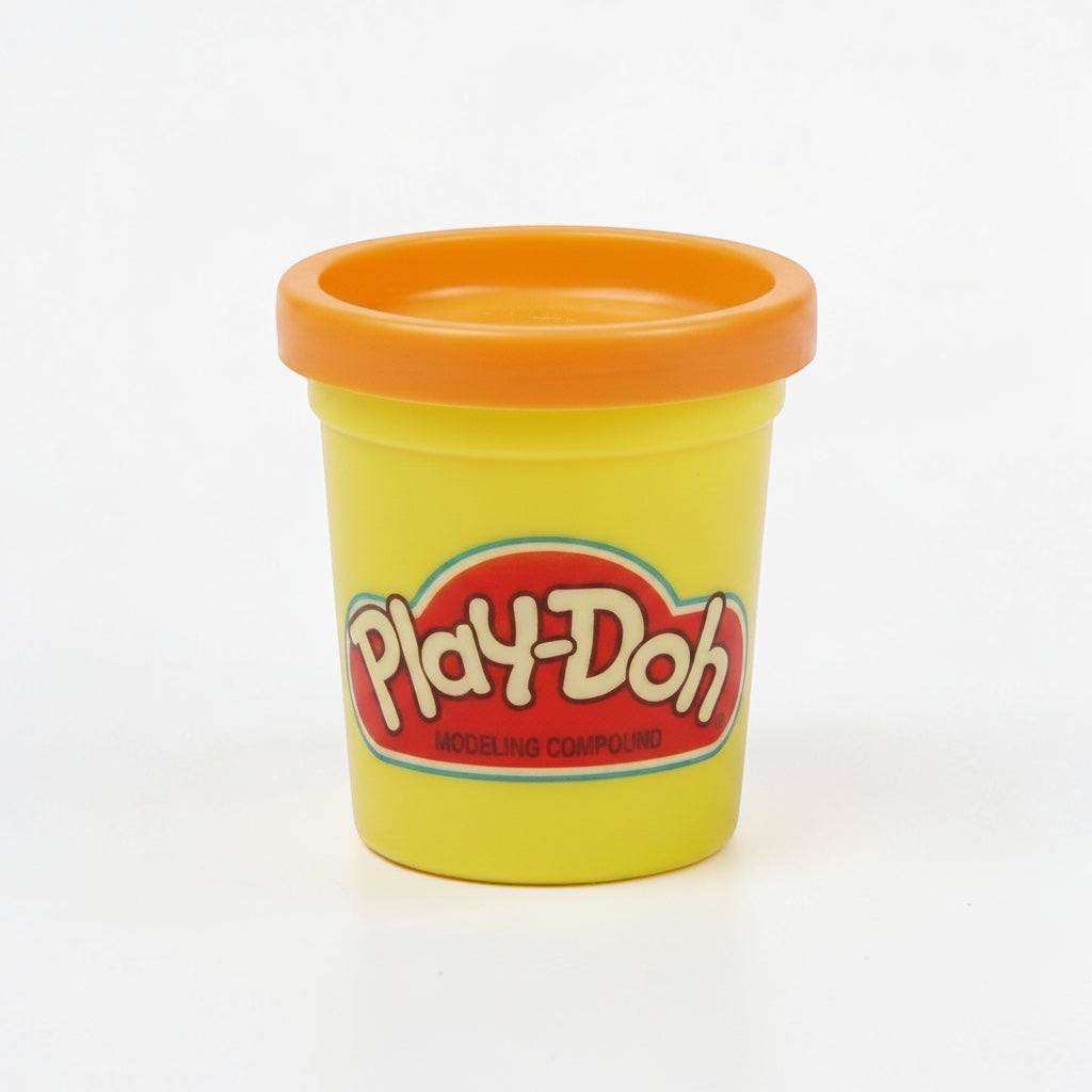 Outrageous Art yellow Play-Doh modeling compound container with an orange lid on a white background